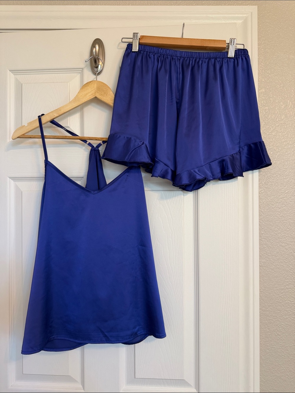 Satin V-Neck Camisole & Ruffle Hem Shorts Sleep Set - Deep Blue